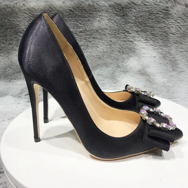 Chic / Beautiful Black Office OL Pumps 2020 Rhinestone Bow 12 cm Stiletto Heels Pointed Toe Pumps