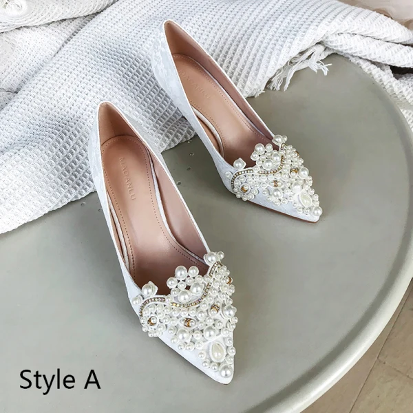 Elegant White Pearl Rhinestone Wedding Shoes 2020 7 cm Stiletto Heels Pointed Toe Wedding Pumps