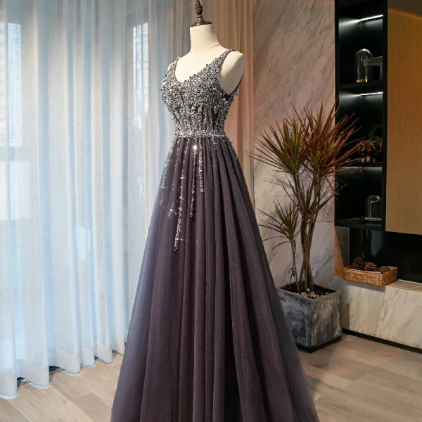 Chic / Beautiful Purple Prom Dresses 2021 A-Line / Princess V-Neck Beading Sequins Sleeveless Backless Floor-Length / Long Prom Formal Dresses