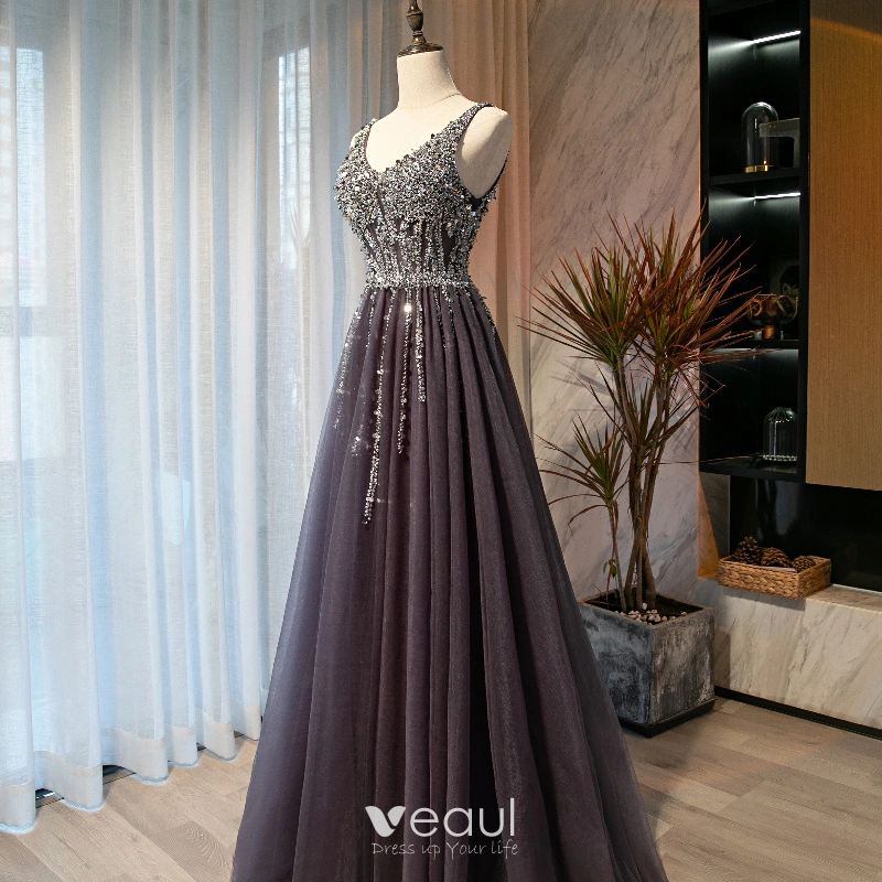 Chic / Beautiful Purple Prom Dresses 2021 A-Line / Princess V-Neck Beading  Sequins Sleeveless Backless Floor-Length / Long Prom Formal Dresses