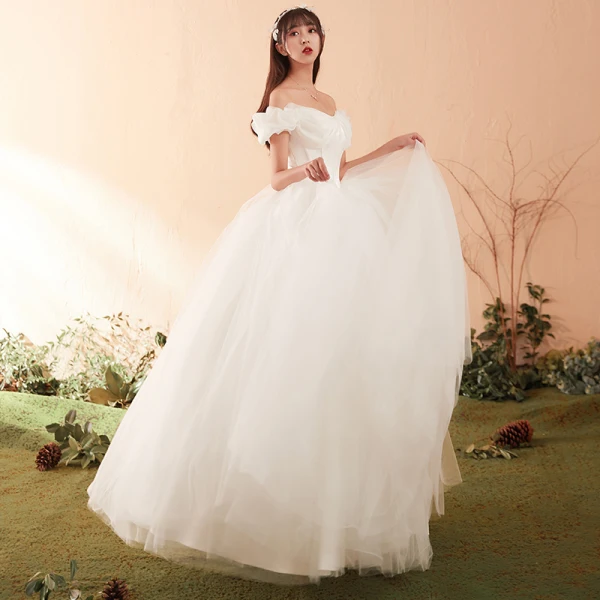 Elegant Ivory Wedding Dresses 2018 Ball Gown Bow Off-The-Shoulder Backless Short Sleeve Floor-Length / Long Wedding