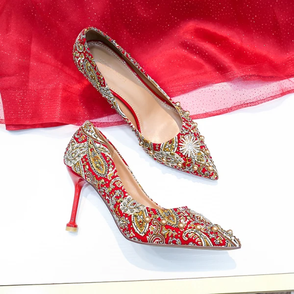 Chinese style Red Wedding Shoes 2020 Pearl Rhinestone 8 cm Stiletto Heels Pointed Toe Wedding Pumps