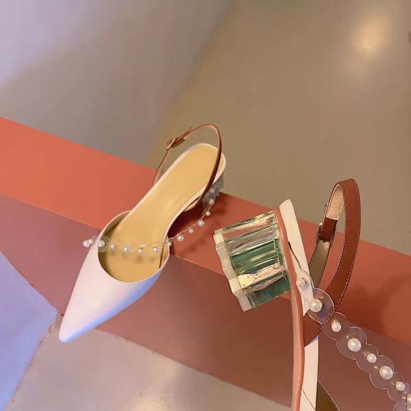 Chic / Belle Été Lavande Rendez-vous Perle Sandales Femme 2020 Cuir Slingbacks 4 cm Talon Bas Talons Épais À Bout Pointu Sandales