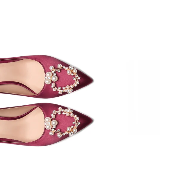 Chic / Beautiful Burgundy Satin Wedding Shoes 2021 Leather Pearl Rhinestone 9 cm Stiletto Heels Pointed Toe Wedding Pumps High Heels