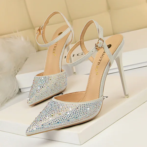 Glitzernden Rosa Abend Sandalen Damen Strass 2020 Knöchelriemen 10 cm Stilettos Spitzschuh Sandaletten