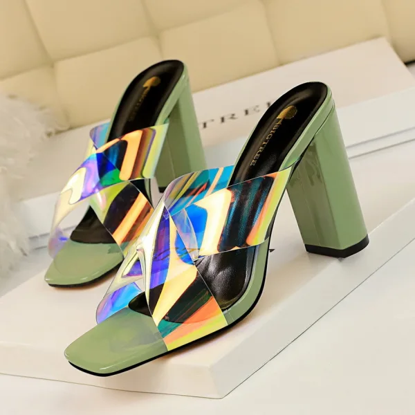 Modest / Simple Summer Burgundy Street Wear Laser Womens Sandals 2020 9 cm Thick Heels Open / Peep Toe Sandals