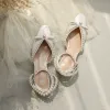 Eleganta Elfenben Pärla Rosett Brudskor 2020 3 cm Tjocka Klackar Låg Klack Spetsiga Bröllop Sandaler