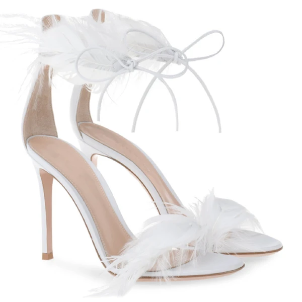Sexy Schwarz Cocktail Feder Sandalen Damen 2020 Knöchelriemen 10 cm Stilettos Peeptoes Sandaletten