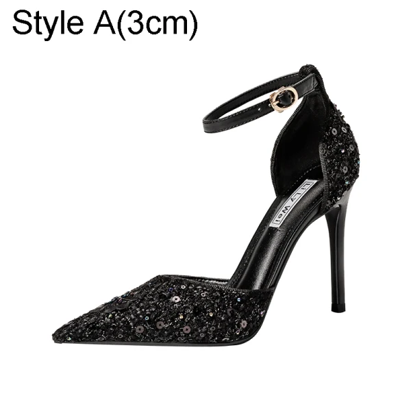 Charmant Schwarz Abend Perlenstickerei Pailletten Sandalen Damen 2021 Leder Knöchelriemen 10 cm Stilettos Spitzschuh Pumps Hochhackige