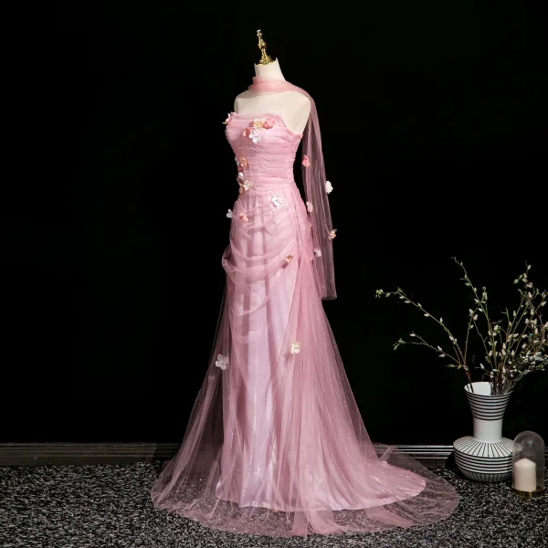 Sexy Rosa Glanz Perle Applikationen Abendkleider 2025 Meerjungfrau Bandeau Ärmellos Rückenfreies Lange Abend Festliche Kleider