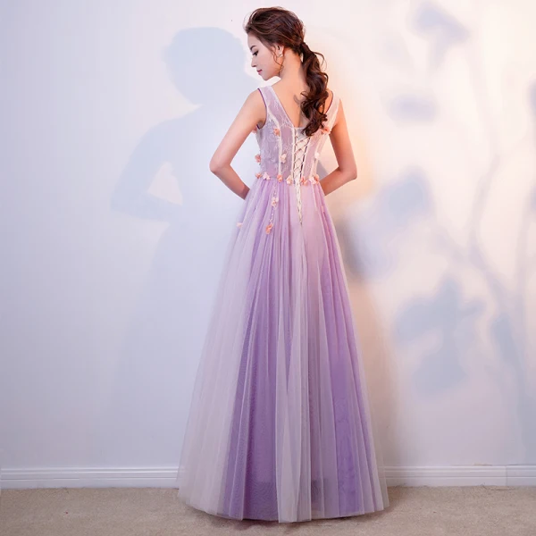 Elegant Lavender Prom Dresses 2018 A-Line / Princess Appliques Beading Crystal Pearl V-Neck Backless Sleeveless Floor-Length / Long Formal Dresses