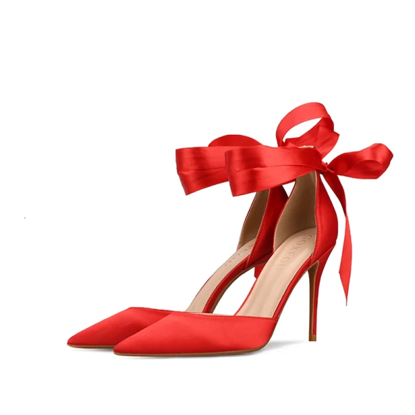 Schöne Schwarz Ball Satin Sandalen Damen 2020 Schleife 10 cm Stilettos Spitzschuh Sandaletten