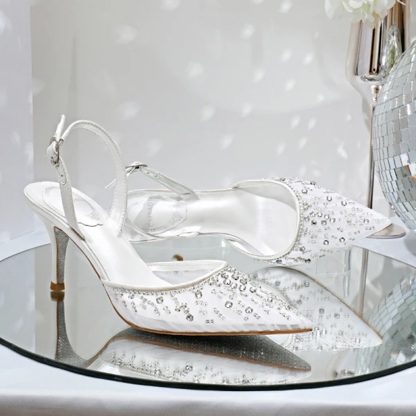 Charmant Weiß Abend Sandalen Damen 2020 Strass Slingpumps 7 cm Stilettos Spitzschuh Sandaletten