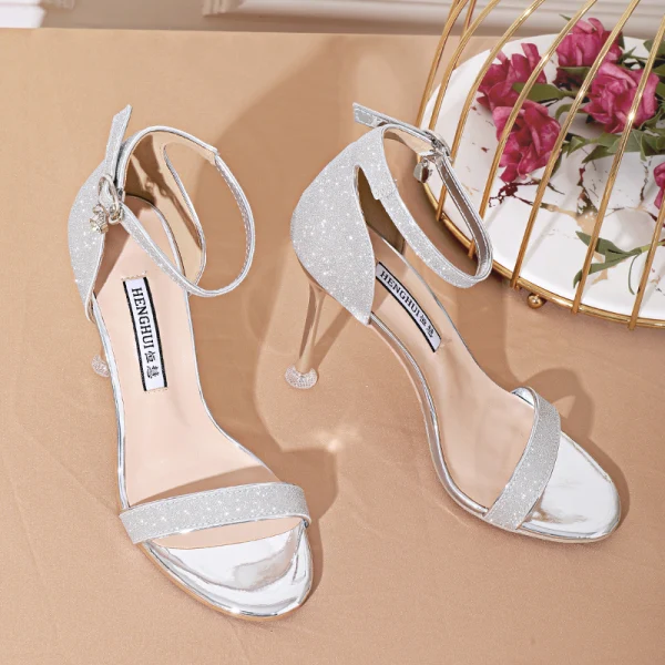 Sexy Sparkly Silver Evening Party Womens Sandals 2020 Ankle Strap 10 cm Stiletto Heels Open / Peep Toe Sandals