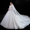 Luxury / Gorgeous Ivory With Cloak Wedding Dresses 2021 Ball Gown High Neck Beading Rhinestone Sequins Bow Long Sleeve Royal Train Wedding