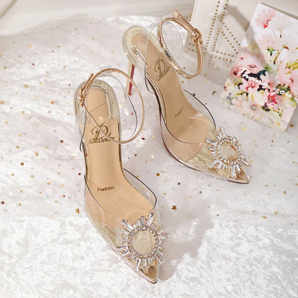 Sexy Transparent Gold Evening Party Rhinestone Womens Sandals 2020 Ankle Strap 10 cm Stiletto Heels Pointed Toe Sandals