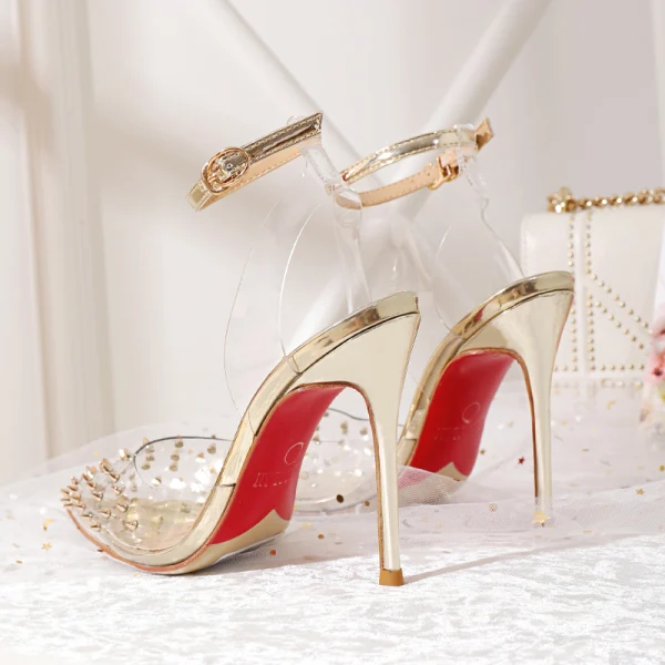 Transparent Gold Evening Party Womens Sandals 2020 Ankle Strap Rivet 10 cm Stiletto Heels Pointed Toe Sandals