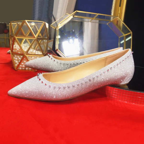 Glitter Goud Glans Avond Platte Damesschoenen 2020 Rhinestone Pailletten Spitse Neus