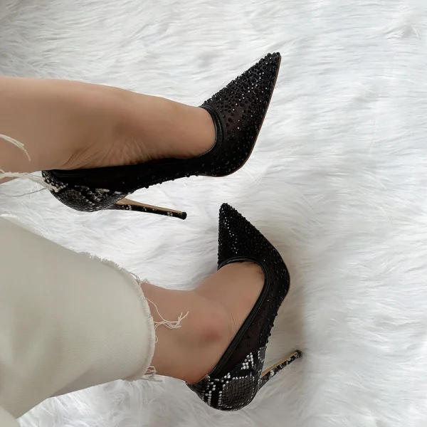 Charmant Noire Soirée Faux Diamant Escarpins 2020 Cuir Motif Peau De Serpent 12 cm Talons Aiguilles À Bout Pointu Escarpins