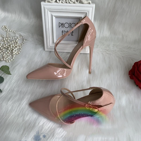Chic / Beautiful Nude Street Wear Womens Sandals 2020 Leather X-Strap 12 cm Stiletto Heels Pointed Toe Sandals
