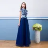 Vintage / Retro Royal Blue Evening Dresses  2018 A-Line / Princess Lace Flower Pearl Sequins High Neck Sleeveless Floor-Length / Long Formal Dresses