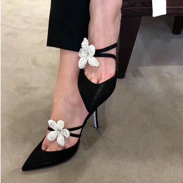 Charmant Noire Dansant Daim Sandales Femme 2020 Cuir Perle 9 cm Talons Aiguilles À Bout Pointu Sandales