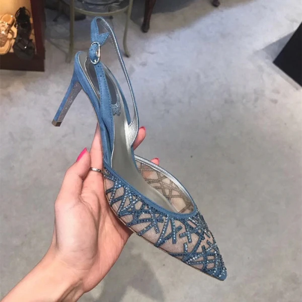 Uroczy Czarne Wieczorowe Rhinestone Slingback Sandały Damskie 2020 7 cm Szpilki Szpiczaste Sandały