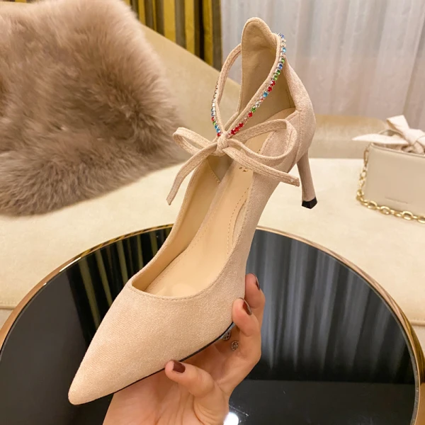 Schlicht Schwarz Leder Cocktail Wildleder Pumps 2020 Schleife Knöchelriemen 9 cm Stilettos Spitzschuh Pumps