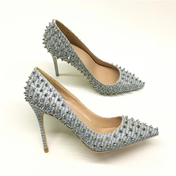 Charmant Argenté Soirée Paillettes Rivet Escarpins 2020 12 cm Talons Aiguilles À Bout Pointu Escarpins
