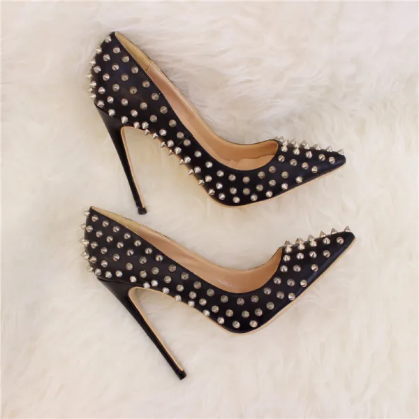 Amazing / Unique Black Rave Club Rivet Pumps 2020 Leather 10 cm Stiletto Heels Pointed Toe Pumps