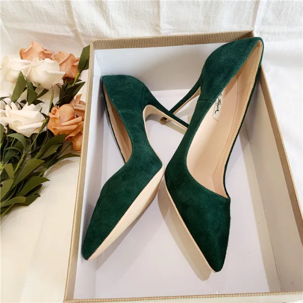Schöne Wildleder Dunkelgrün Ball Pumps 2020 Leder 10 cm Stilettos Spitzschuh Pumps