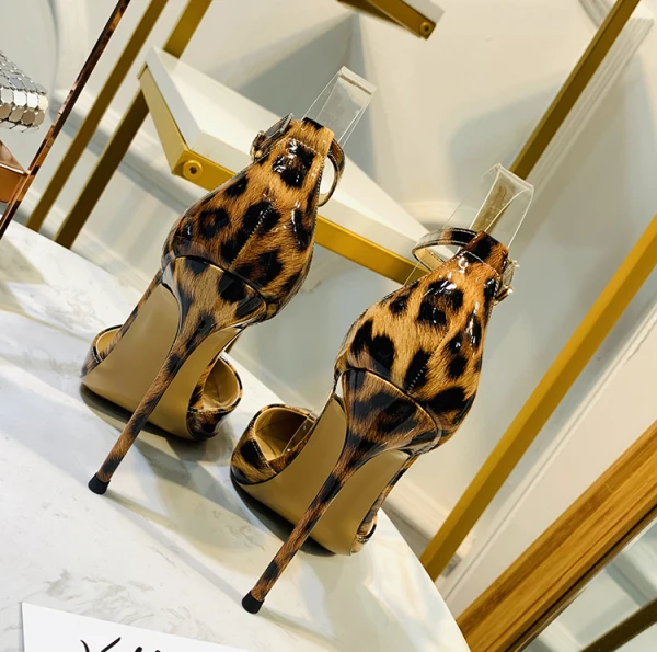 Sexy Brown Cocktail Party Leopard Print Womens Sandals 2020 Ankle Strap 10 cm Stiletto Heels Pointed Toe Sandals