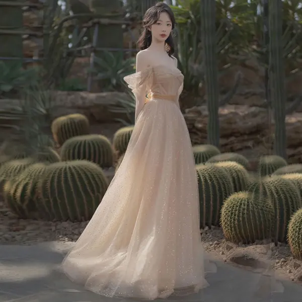 Charmant Champagne Glitter Paillettes Robe De Bal 2021 Princesse De l'épaule Manches Courtes Dos Nu Longue Promo Robe De Ceremonie