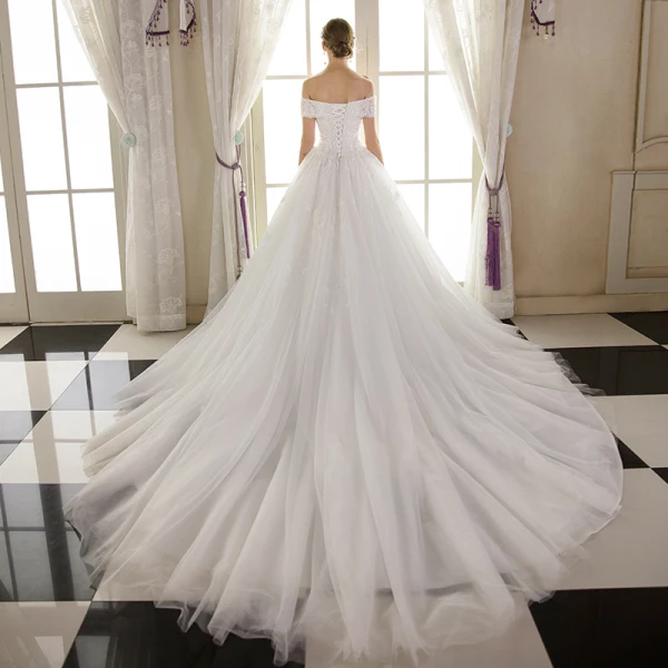 Elegant Ivory Wedding Dresses 2018 Ball Gown Lace Flower Sequins Off-The-Shoulder Backless Sleeveless Cathedral Train Wedding