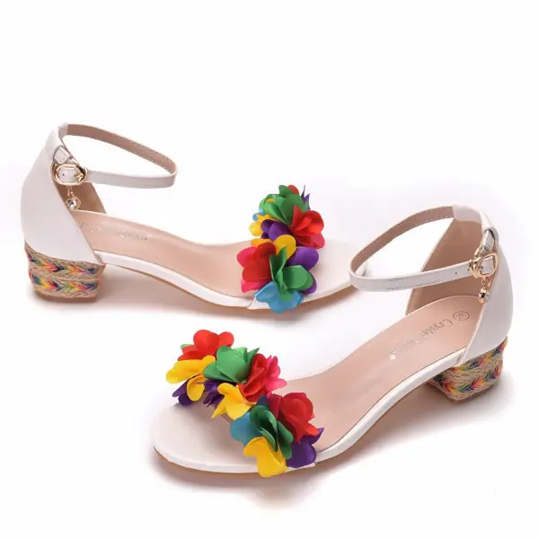 Chic / Beautiful Casual White Womens Sandals 2020 Multi-Colors Flower 4 cm Thick Heels Low Heel Open / Peep Toe Sandals