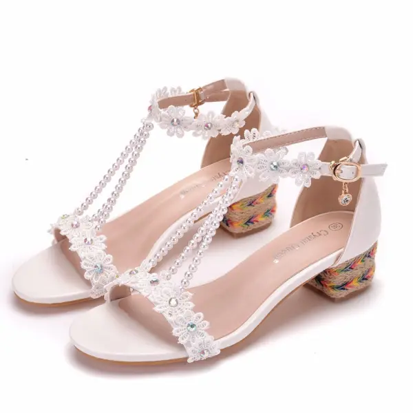 Elegant Ivory Outdoor / Garden Womens Sandals 2020 Pearl T-Strap Rhinestone Lace Flower 4 cm Thick Heels Low Heel Open / Peep Toe Sandals
