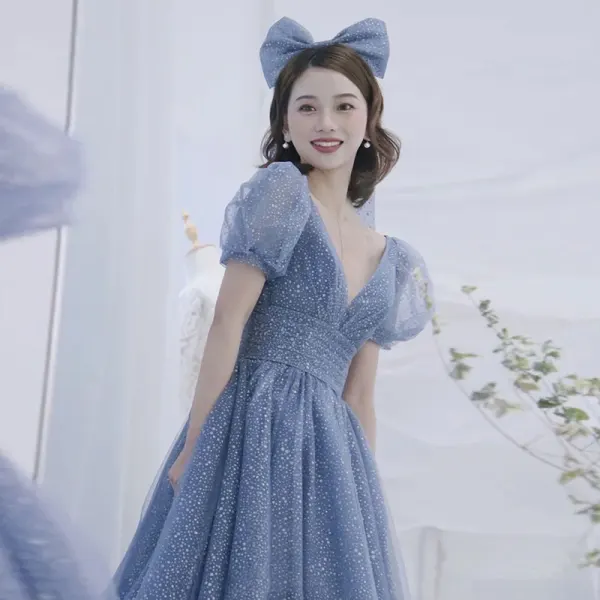 Lovely Vintage / Retro Pool Blue Prom Dresses 2021 A-Line / Princess Deep V-Neck Sequins Short Sleeve Floor-Length / Long Prom Formal Dresses