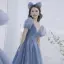 Lovely Vintage / Retro Pool Blue Prom Dresses 2021 A-Line / Princess Deep V-Neck Sequins Short Sleeve Floor-Length / Long Prom Formal Dresses