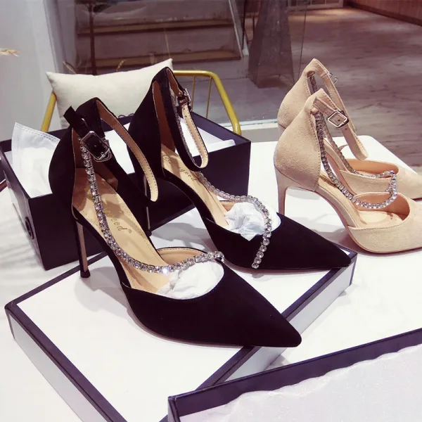 Fashion Nude Pageant Womens Sandals 2020 Ankle Strap Rhinestone 10 cm Stiletto Heels Pointed Toe Sandals