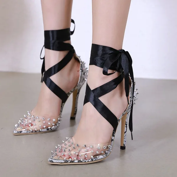 Sexy Noire Soirée Rivet Sandales Femme 2020 Noeud Bride Cheville 12 cm Talons Aiguilles À Bout Pointu Sandales
