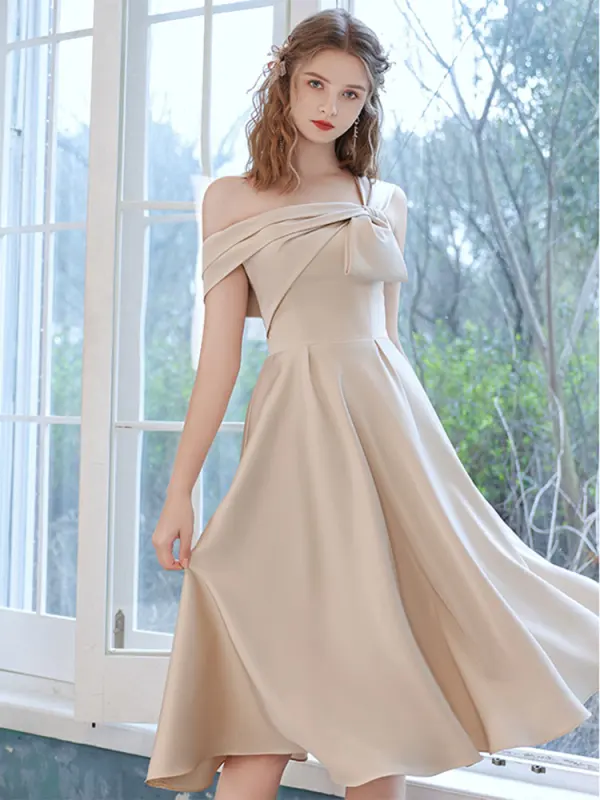 Fashion Champagne Satin Homecoming Graduation Dresses 2021 A-Line Princess One-Shoulder Fashion Champagne Satin Homecoming Graduation Dresses 2021 A-Line Princess One-Shoulder