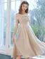 Mode Champagner Satin Heimkehr Abiballkleider 2021 A Linie One-Shoulder Schleife Kurze Ärmel Rückenfreies Wadenlang Festliche Kleider