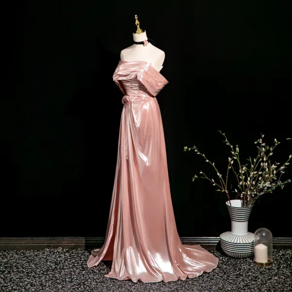 Sexy Rosa Gespaltete Front Glanz Abendkleider 2025 Meerjungfrau Bandeau Ärmellos Rückenfreies Sweep / Pinsel Zug Abend Festliche Kleider