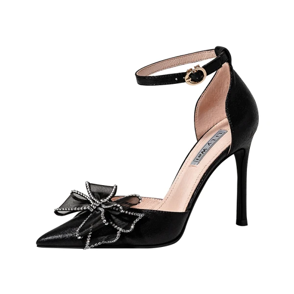 Mode Champagne Soirée Sandales Femme 2021 Cuir Faux Diamant Noeud Bride Cheville 10 cm Talons Aiguilles À Bout Pointu Sandales Talons Hauts