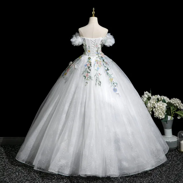 Fairytale Multi-Colors Lace Flower Appliques Pearl White Prom Dresses 2025 Ball Gown Off-The-Shoulder Short Sleeve Backless Floor-Length / Long Prom Formal Dresses