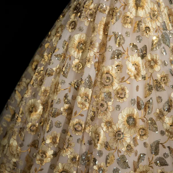 Flower Fairy Yellow Beading Sequins Lace Flower Floral Prom Dresses 2025 Ball Gown Spaghetti Straps Short Sleeve Backless Floor-Length / Long Formal Dresses