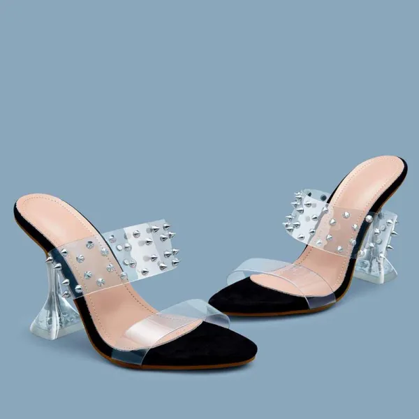 Charmant Schwarz Strassenmode Niet Sandalen Damen 2020 10 cm Stilettos Peeptoes Sandaletten