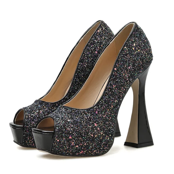 Scintillantes Argenté Club de carnaval Paillettes Sandales Femme 2020 13 cm Talons Épais Peep Toes / Bout Ouvert Sandales