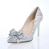 Sparkly Silver Wedding Shoes 2018 Glitter Sequins Bow Leather 10 cm Stiletto Heels Pointed Toe Wedding Pumps