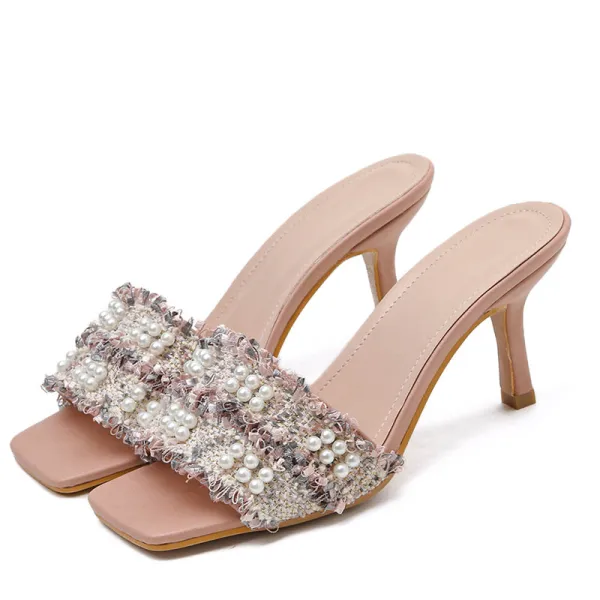 Modest / Simple Black Street Wear Pearl Womens Sandals 2020 8 cm Stiletto Heels Open / Peep Toe Sandals